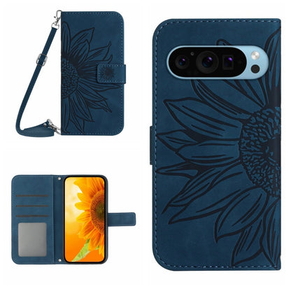 Sunflower embossed flip leather phone case with lanyard, inky blue