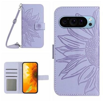 Light purple sunflower embossed flip leather phone case with lanyard and card slots