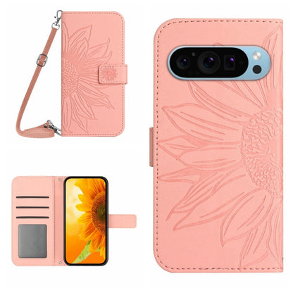 Rose pink sunflower embossed flip leather phone case with lanyard and card slots