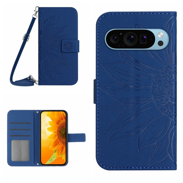 Sunflower embossed flip leather phone case with lanyard, dark blue wallet design and card slots