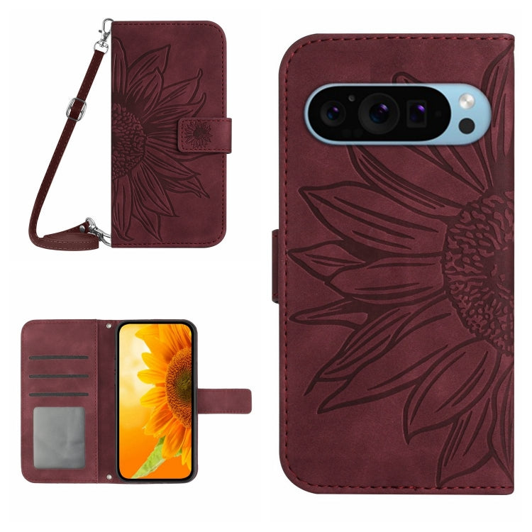 Sunflower embossed flip leather phone case with lanyard, wine red wallet design and card slots