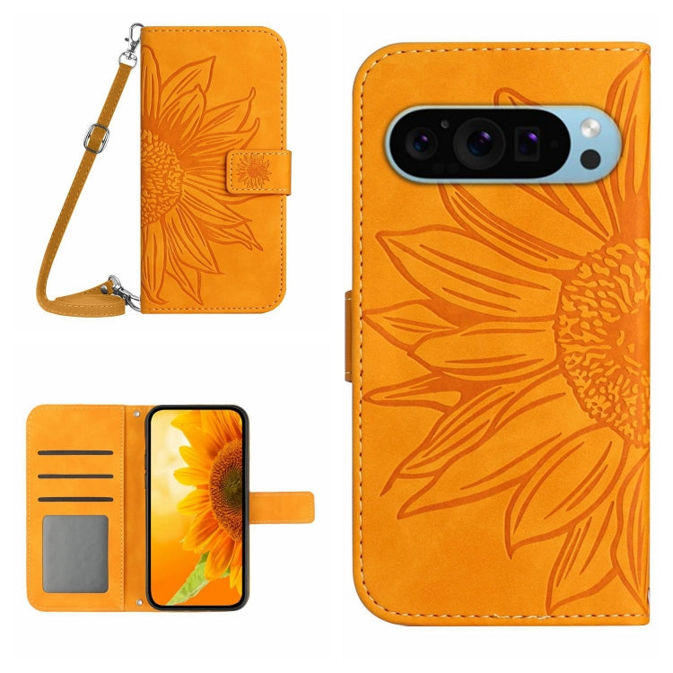 Sunflower embossed flip leather phone case with lanyard, orange wallet design and card slots