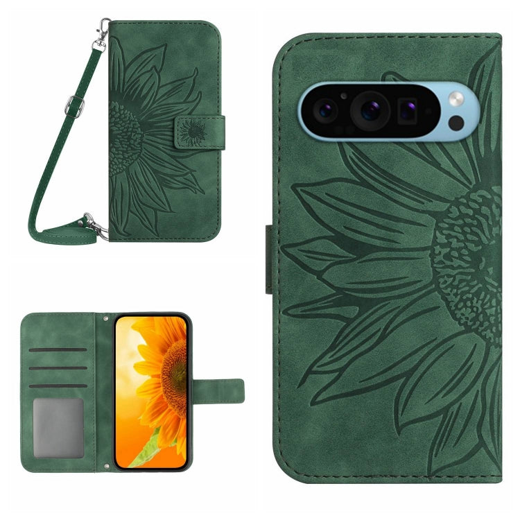 Sunflower embossed flip leather phone case with lanyard, dark green wallet design and card slots