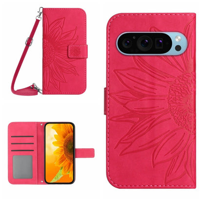 Sunflower embossed flip leather phone case with lanyard, pink wallet design and card slots