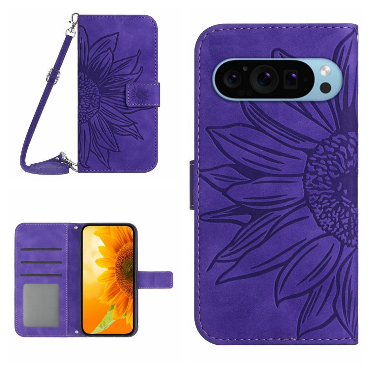 Sunflower embossed flip leather phone case with lanyard, purple wallet design and card slots