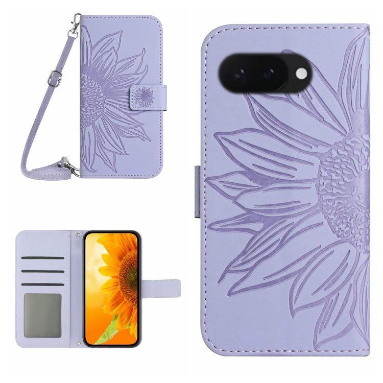 Light purple embossed sunflower flip leather phone case with lanyard and card holder