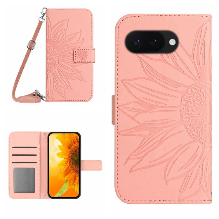 Blush pink embossed sunflower flip leather phone case with lanyard and card holder