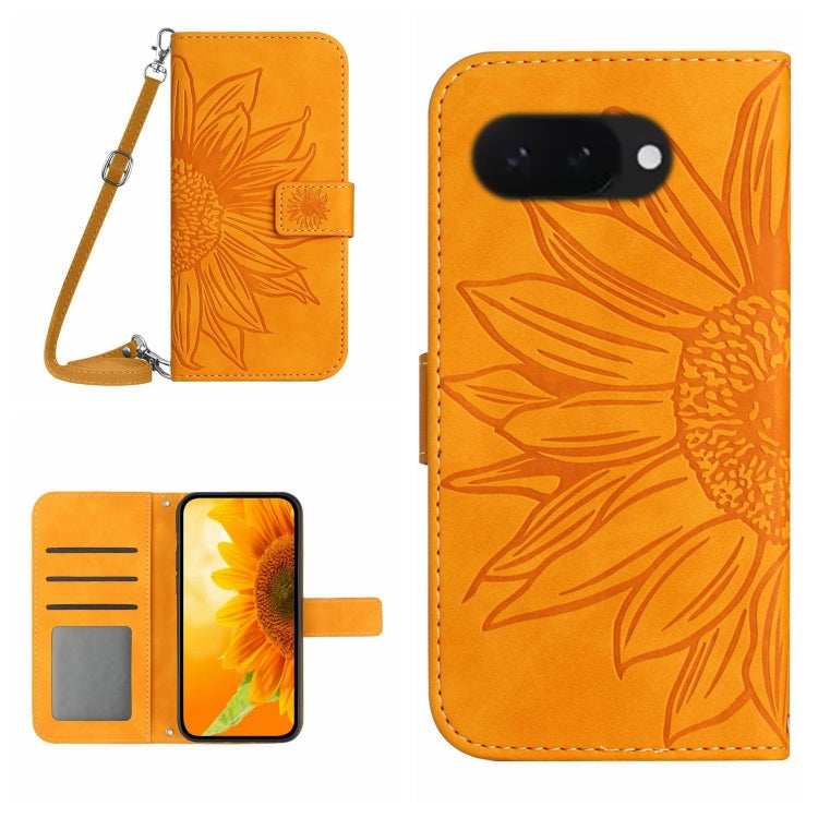 Yellow sunflower embossed flip leather phone case with lanyard and card slots