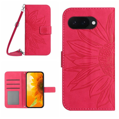 Pink red sunflower embossed flip leather phone case with lanyard and card slots