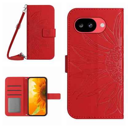 Red embossed sunflower flip phone case with card slots and wrist lanyard