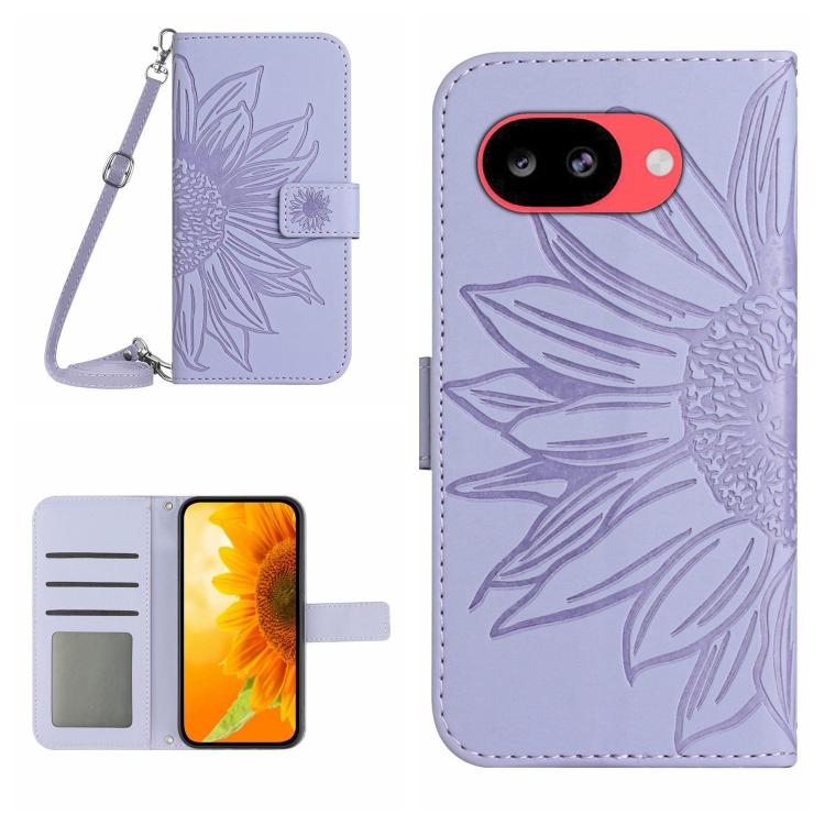 Light purple embossed sunflower flip phone case with card slots and wrist lanyard
