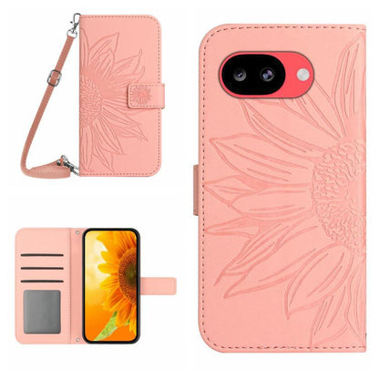 Rose pink embossed sunflower flip phone case with card slots and wrist lanyard