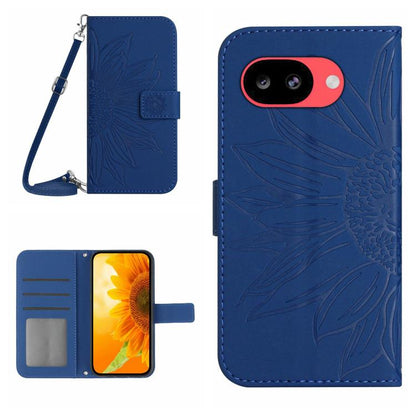 Blue embossed sunflower flip leather phone case with lanyard and card holder