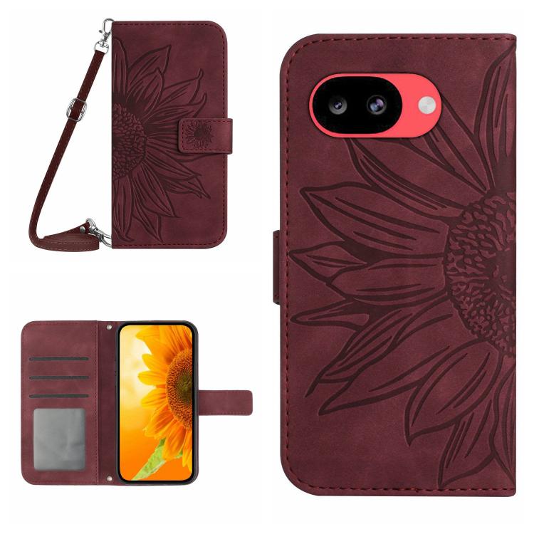 Wine red embossed sunflower flip leather phone case with lanyard and card holder