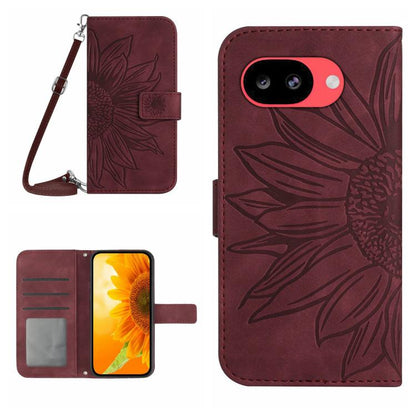 Wine red embossed sunflower flip leather phone case with lanyard and card holder