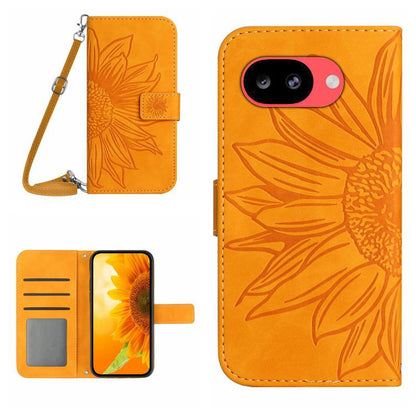 Orange embossed sunflower flip leather phone case with lanyard and card holder