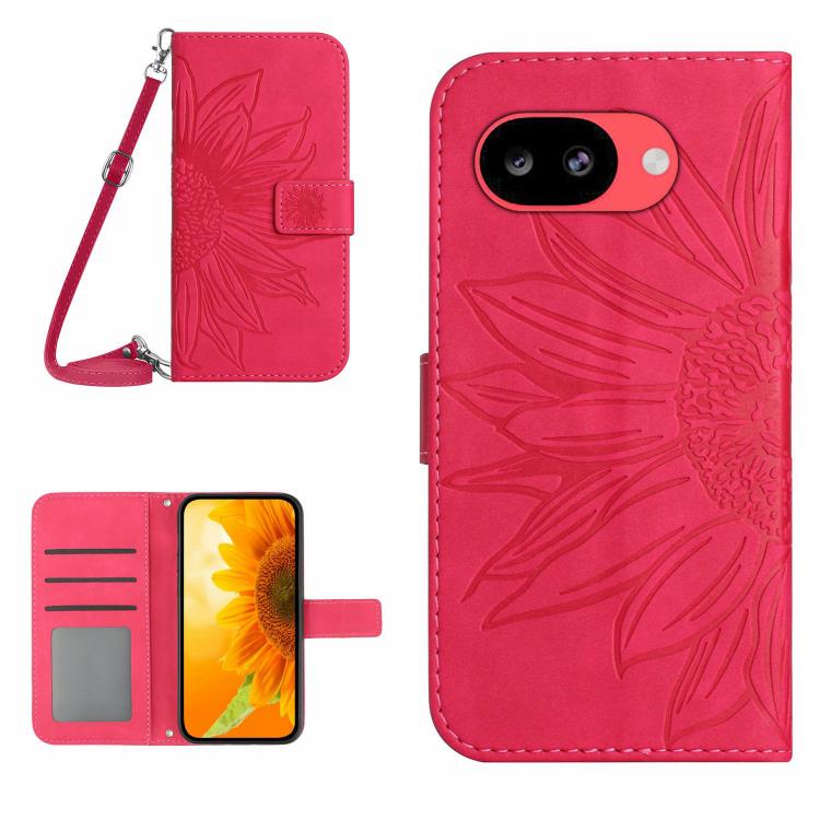 Pink embossed sunflower flip leather phone case with lanyard and card holder