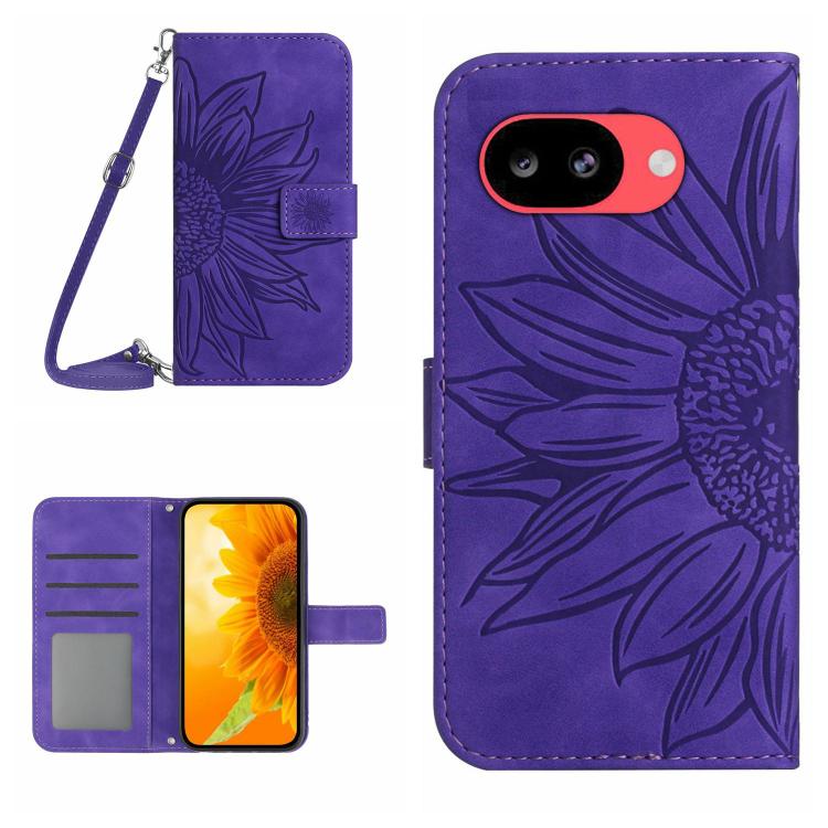Purple embossed sunflower flip leather phone case with lanyard and card holder