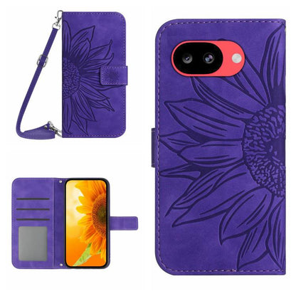 Purple embossed sunflower flip leather phone case with lanyard and card holder