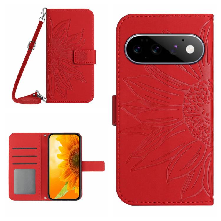 Red embossed sunflower flip leather phone case with lanyard and card holder wallet flap