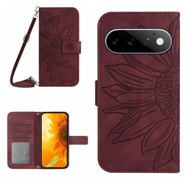 Wine red embossed sunflower flip leather phone case with lanyard and card holder