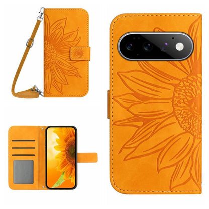 Orange embossed sunflower flip leather phone case with lanyard and card holder