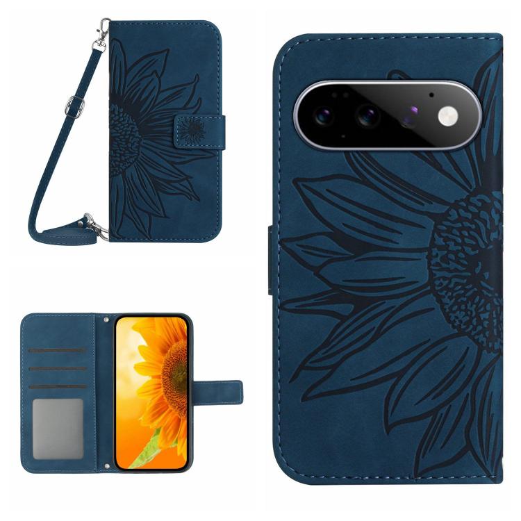 Navy embossed sunflower flip leather phone case with lanyard and card holder