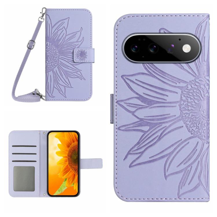 Light purple embossed sunflower flip leather phone case with lanyard and card holder