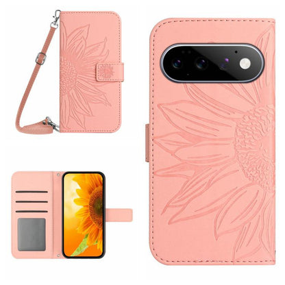 Light pink embossed sunflower flip leather phone case with lanyard and card holder