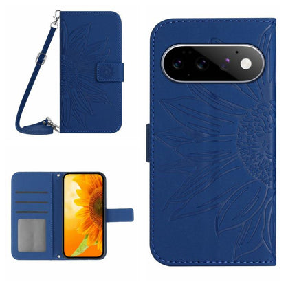 Dark blue embossed sunflower flip phone case with card slots and wrist lanyard