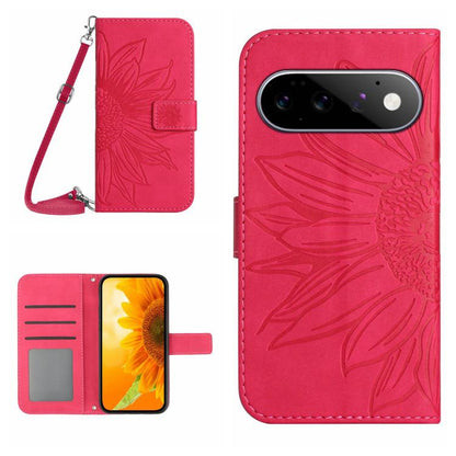 Pink embossed sunflower flip phone case with card slots and wrist lanyard