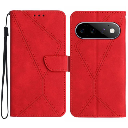 Red embossed leather phone case with stitched pattern and magnetic front flap