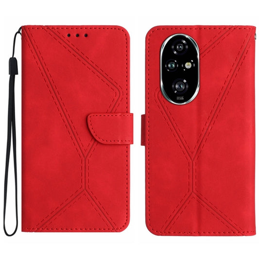 Red leather phone case with embossed stitching, flip cover and side wrist strap.