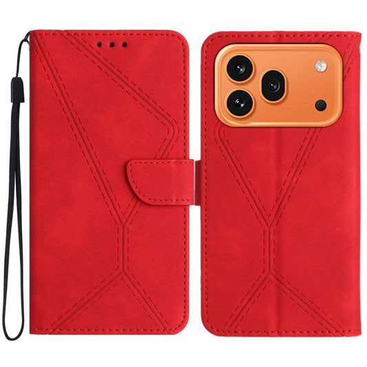 Red leather-style phone case with stitched embossed pattern and front magnetic flap, wrist strap