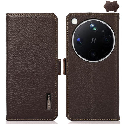 Brown litchi-grain leather phone case with side magnetic closure, camera cutout