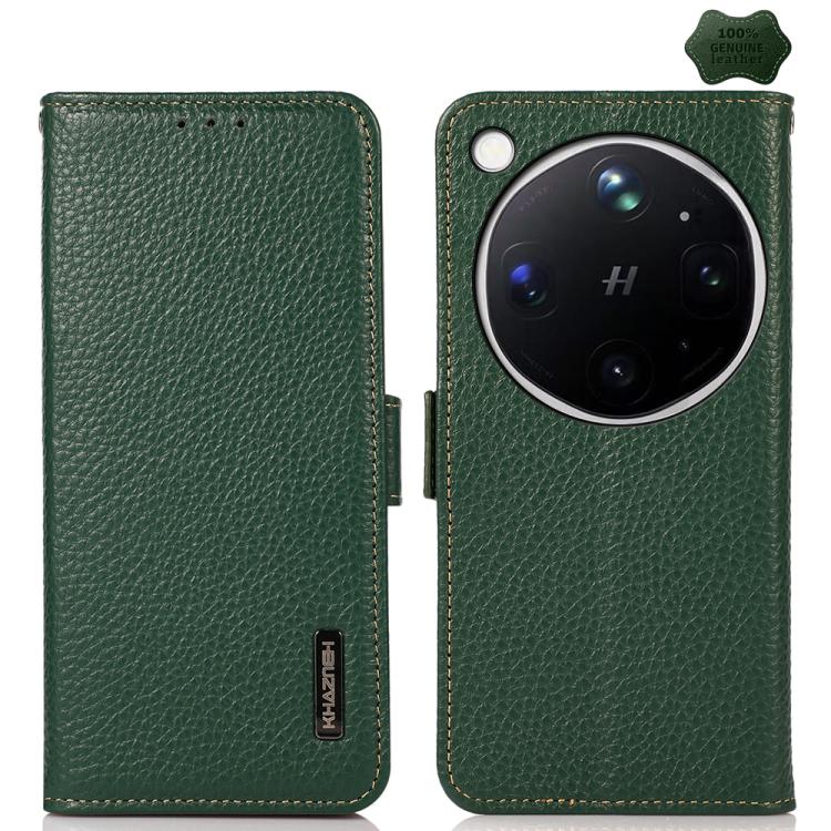 Green litchi-grain leather phone case with side magnetic closure, two-panel front and back