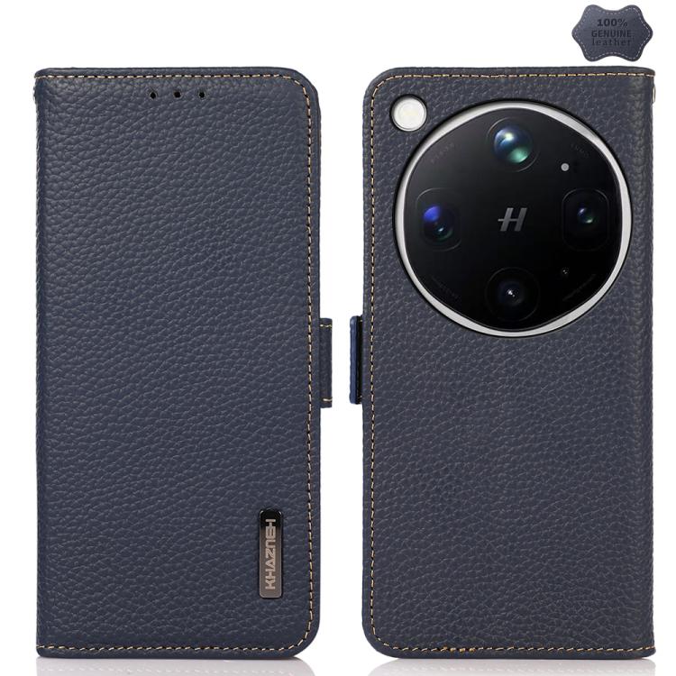 Blue litchi-grain leather phone case with side magnetic closure, camera cutout