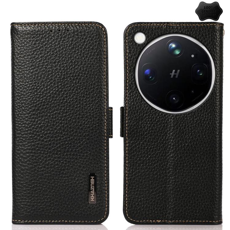 Black litchi-grain leather phone case with side magnetic closure, camera cutout