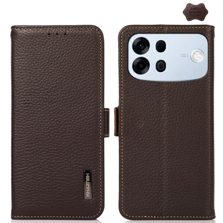Brown leather phone case with side magnetic closure and RFID lining, textured litchi finish