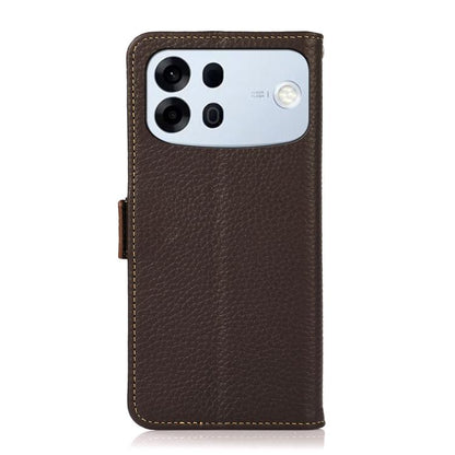 Brown leather phone case with side magnetic closure and camera cutout, litchi textured