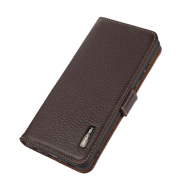 Brown litchi-textured leather phone case with side magnetic closure and stitched edges
