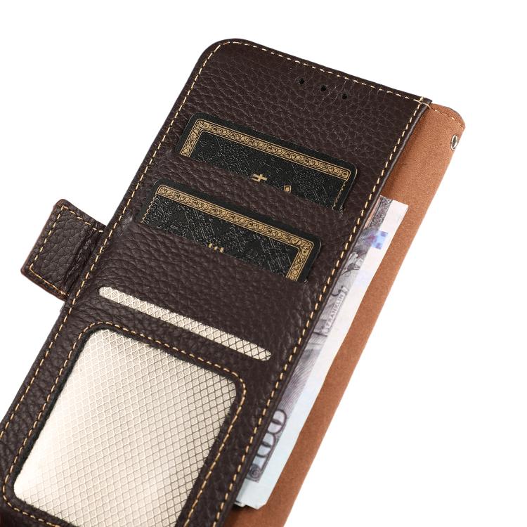 Brown leather phone case interior with card slots and mesh pocket, RFID lining