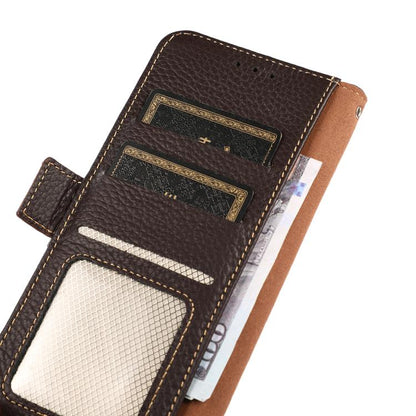 Brown leather phone case interior with card slots and mesh pocket, RFID lining