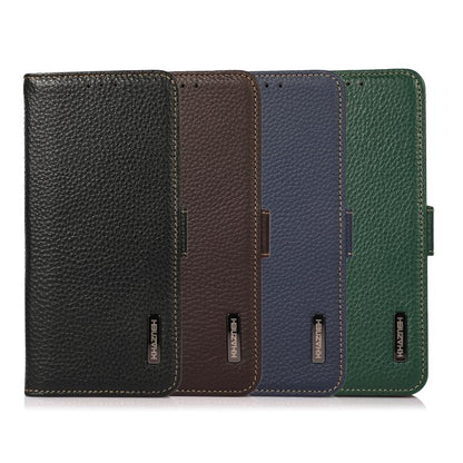 Leather phone cases in multiple colors: black, brown, blue, and green with RFID lining
