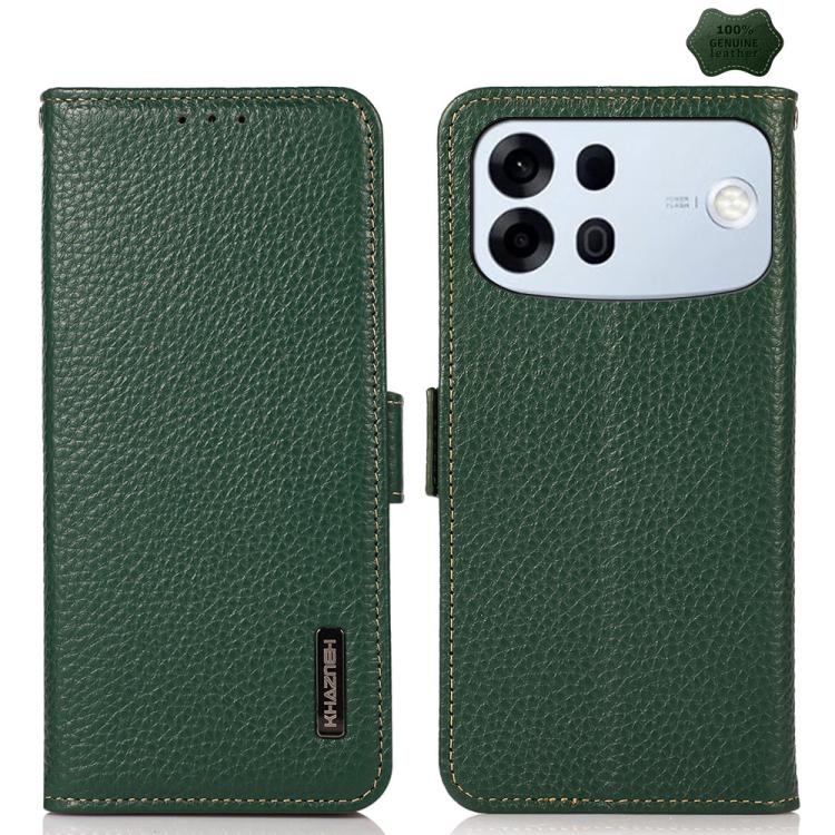 Green leather phone case with side magnetic closure and RFID lining, textured litchi finish