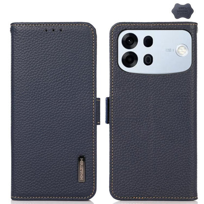 Dark blue leather phone case with side magnetic closure and RFID lining, textured litchi finish