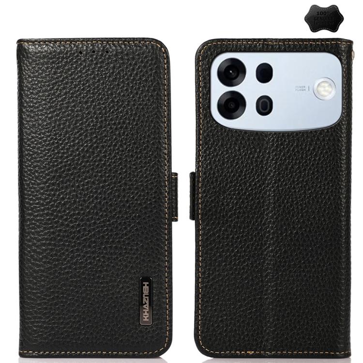 Black litchi-grain leather phone case with side magnetic closure, two-panel front and back