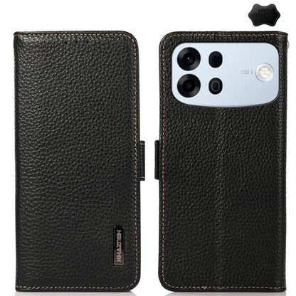 Black litchi-grain leather phone case with side magnetic closure, two-panel front and back