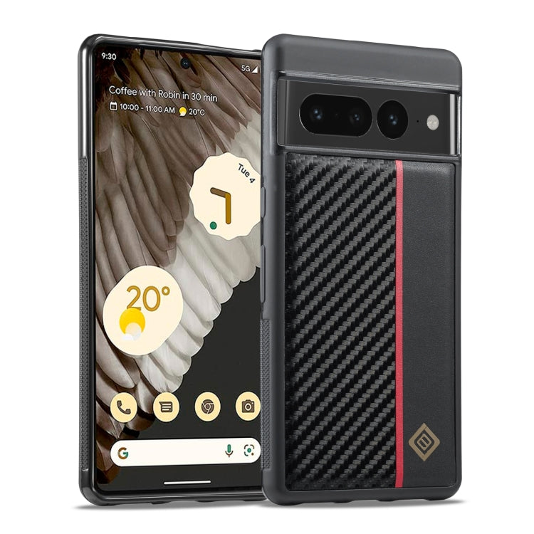 Shockproof phone case with carbon fiber back and red stripe, raised camera opening