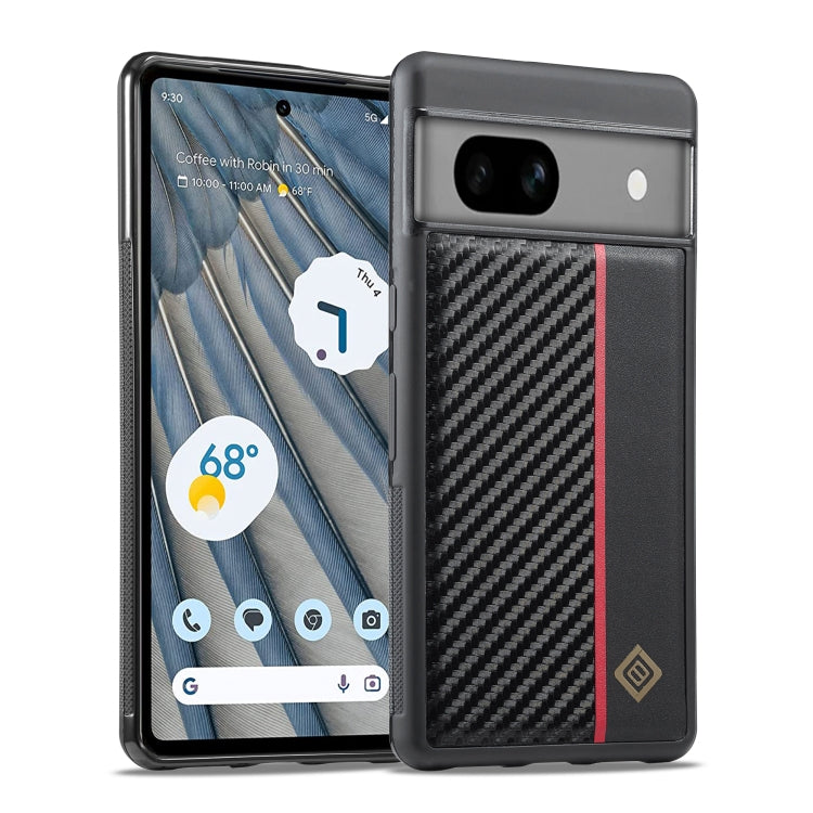 Shockproof phone case with carbon fiber texture and red stripe, front and back view